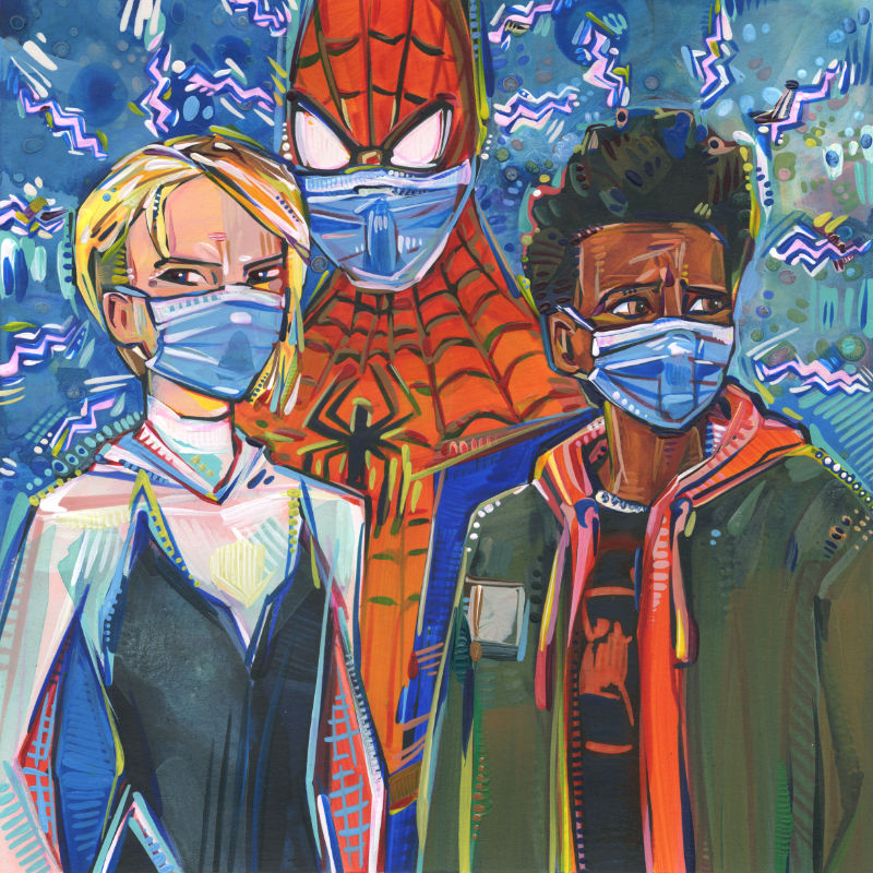 Gwen Stacy, Peter Parker, et Miles Morales portant des masques à cause de la pandémie, peints en technique mixte