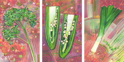 parsley art, jalapeño painting, and leek illustration