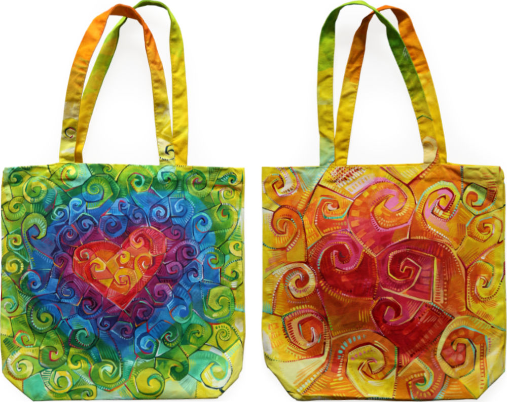 rainbow swirl heart painted directly on a canvas bag