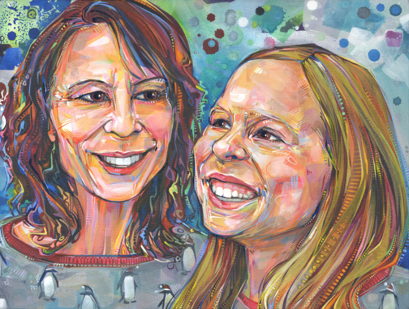commissioned painting of a smiling white woman with her grinning daughter