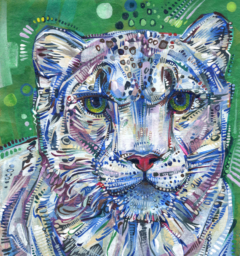snow leopard face on green background, painted by American artist Gwenn Seemel