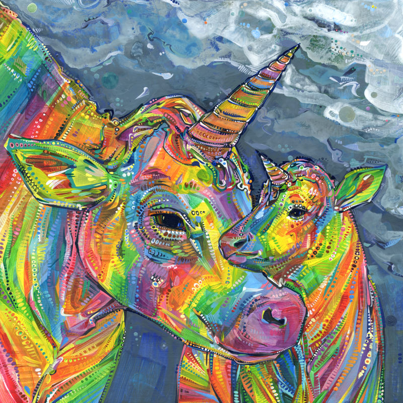 un moment adorable entre vache-licorne et veau-licorne, peint à l’acrylique par Gwenn Seemel