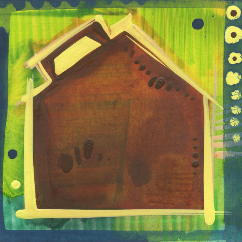 illustration of a house-shaped briefcase, tiny artwork by independent artist Gwenn Seemel