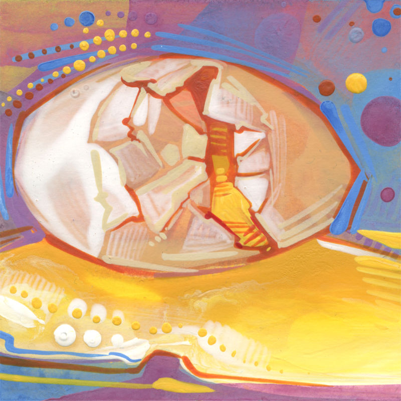 broken egg baking illustration in acrylic paint, marker, and colored pencil