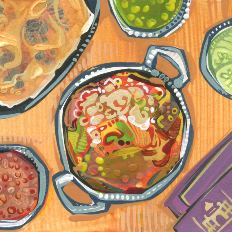 illustration de plats indiens peinte par l’artiste contemporain Gwenn Seemel