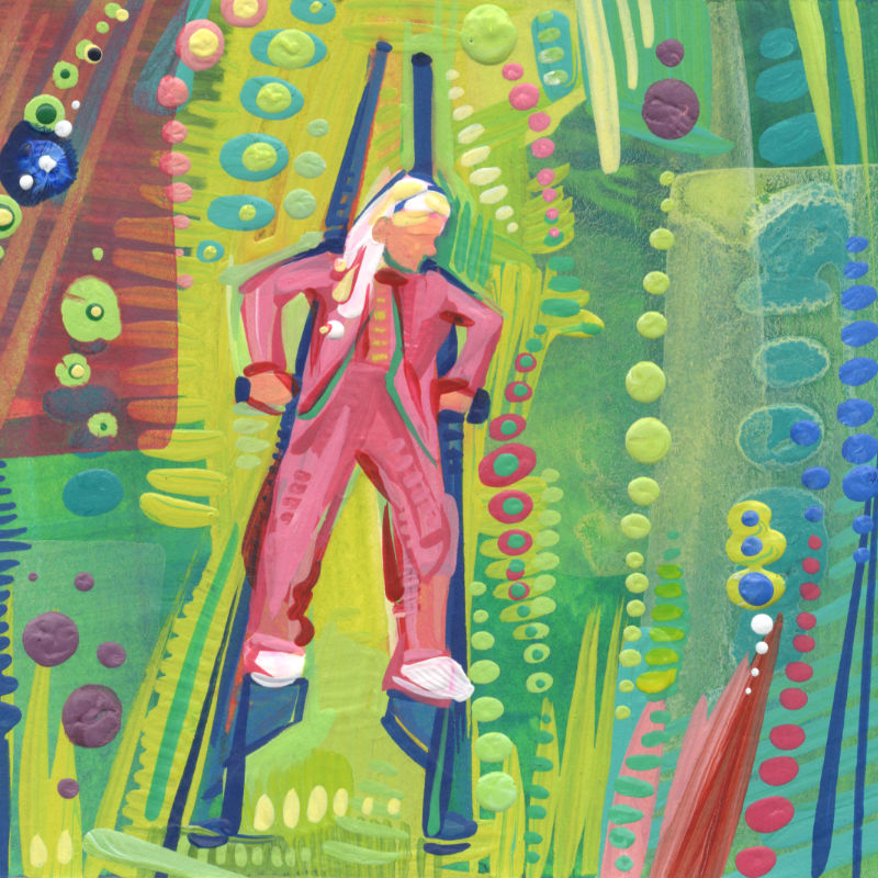 little blond girl on stilts, tiny illustration by independent artist Gwenn Seemel