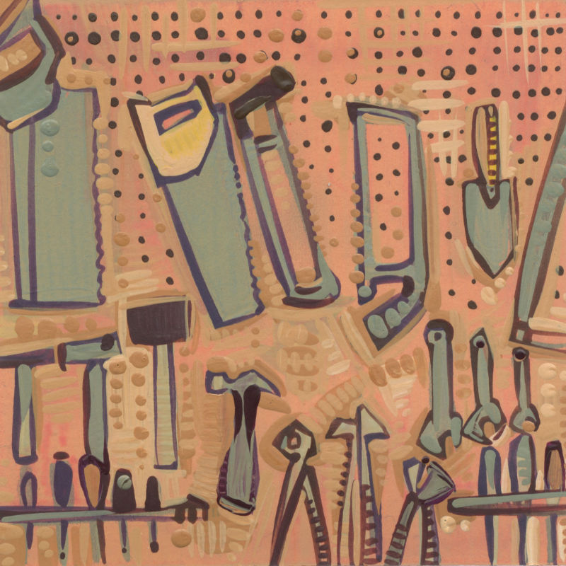 pegboard wall of saws, hammers, pliers, wrenches, and screwdrivers, illustration in acrylic and pencil