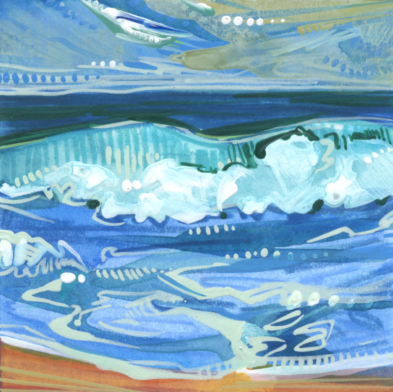 landscape painting of a wave crashing on a beach, illustration in acrylic paint, marker, and colored pencil