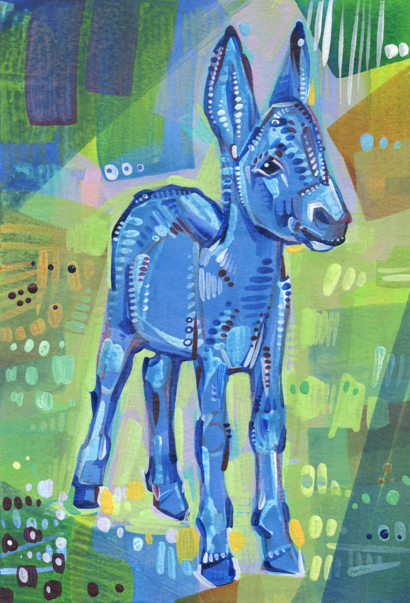 blue baby donkey painting in acrylic on paper