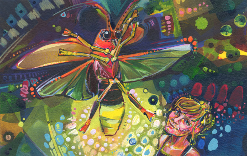 flying firefly with an artist watching, illustration by Gwenn Seemel
