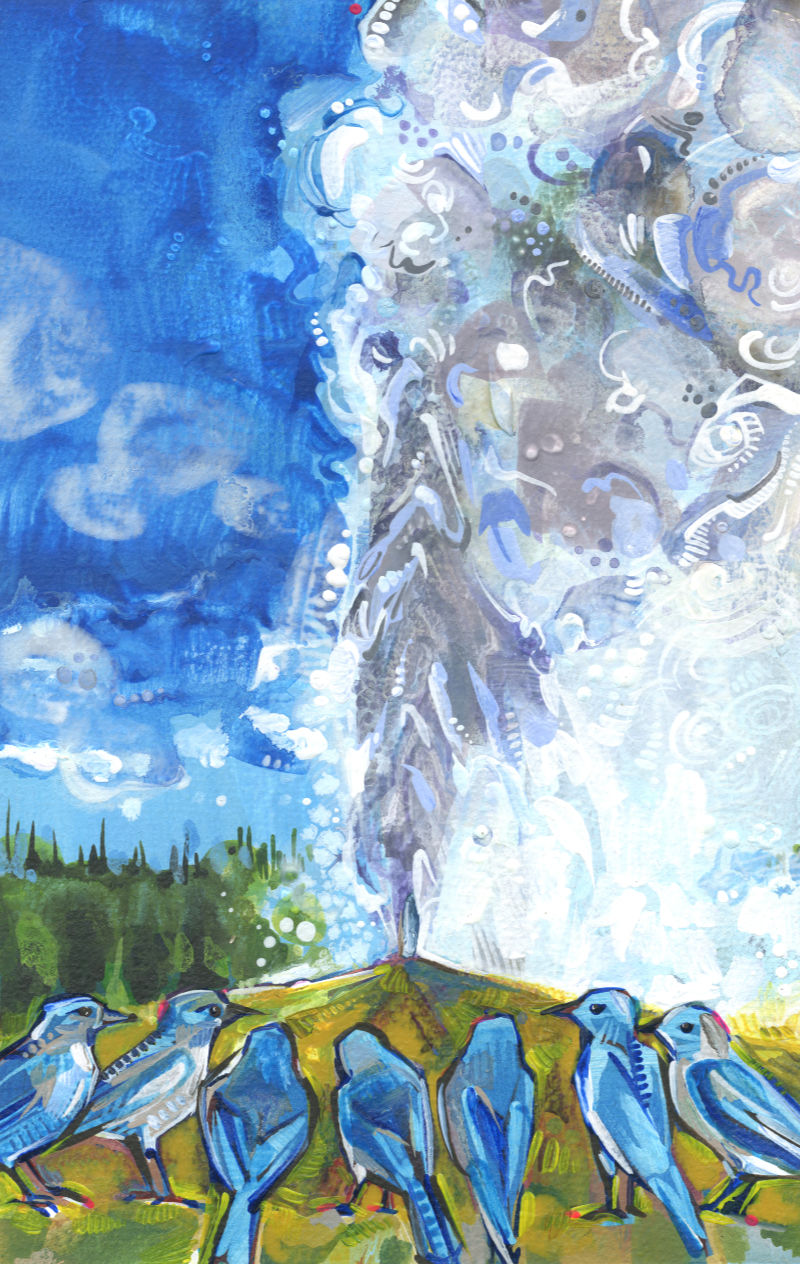 Old Faithful geyser attended by a gathering of mountain bluebirds, mixed media painting by American artist Gwenn Seemel