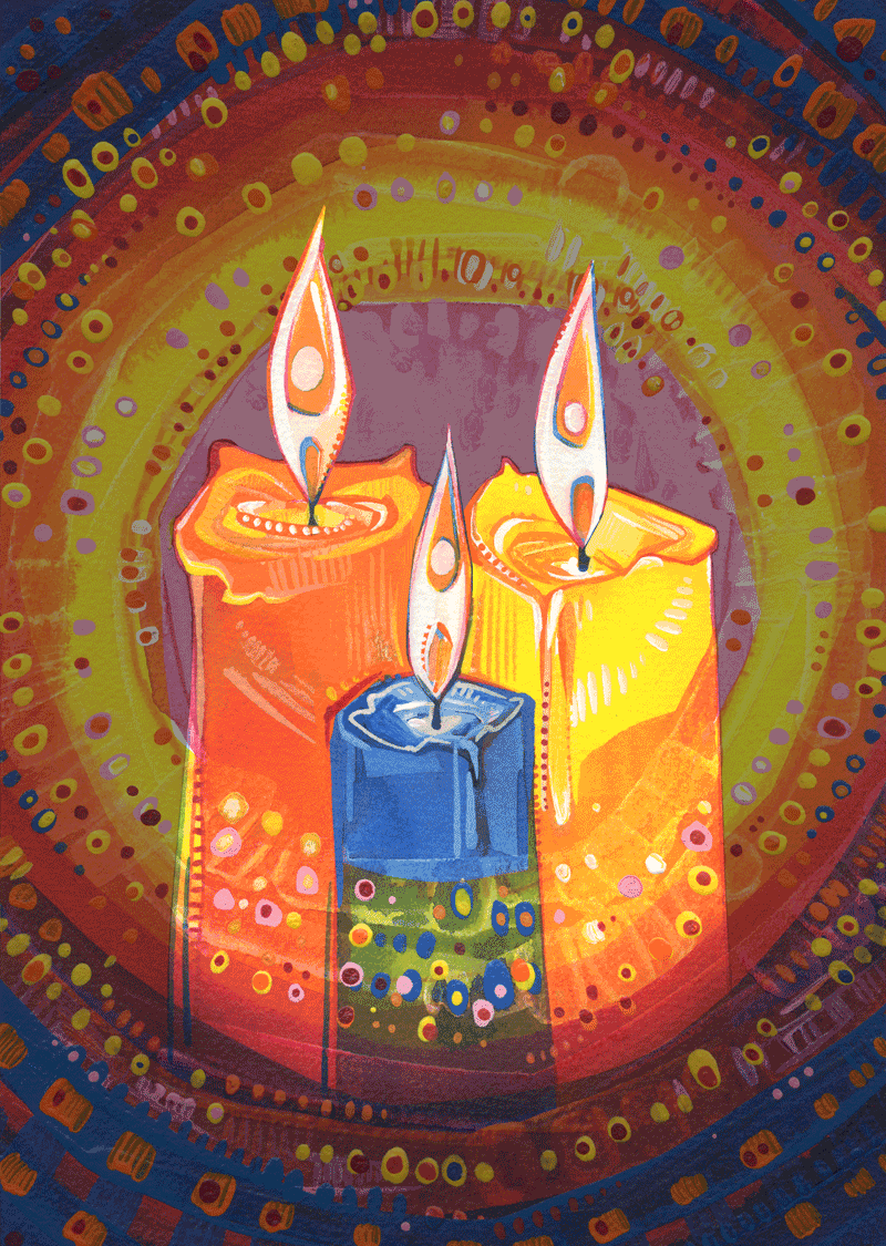 animation artistique de trois bougies pour célébrer la Lumière Humaniste, faite par l’artiste athée Gwenn Seemel