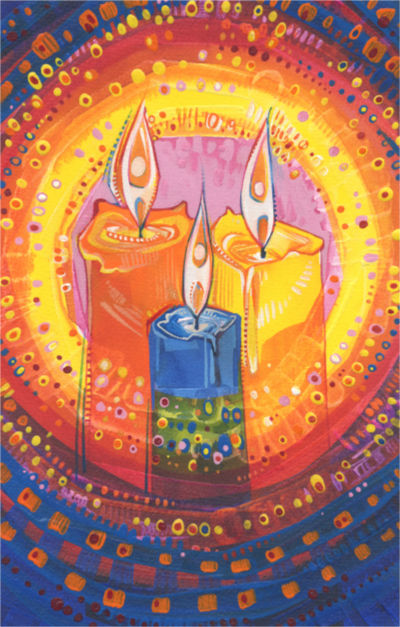 bougies bleues, oranges, et jaunes avec des symboles humanistes pour les flammes, célébrant la fête de la Lumière Humaniste du 23 décembre, peintes par l’artiste athée Gwenn Seemel