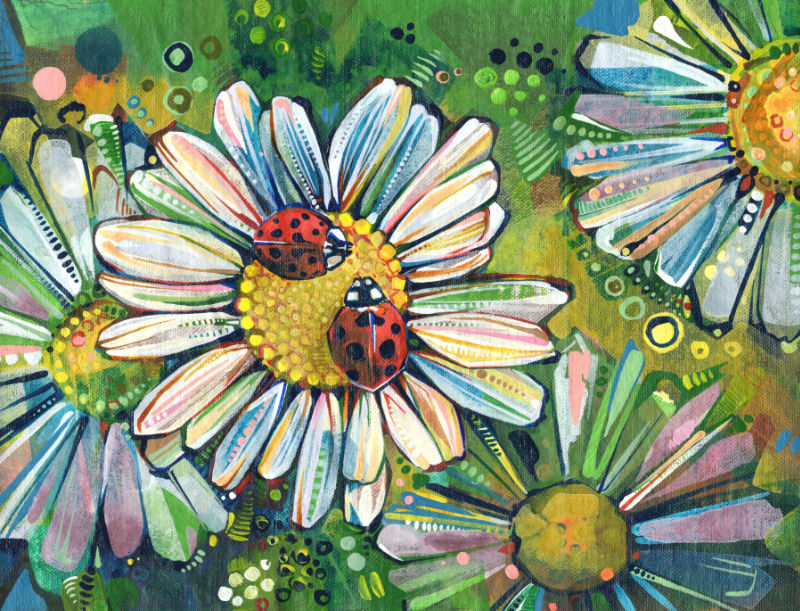 two ladybugs on a daisy, illustration in acrylic on canvas