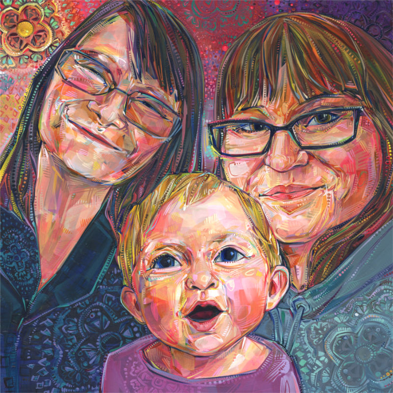 portrait d’une mamie avec sa fille et sa petite fille peint en acrylique