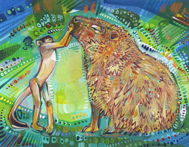 unlikely animal friendship art, squirrel monkey holding the face of a capybara, painting in acrylic on paper