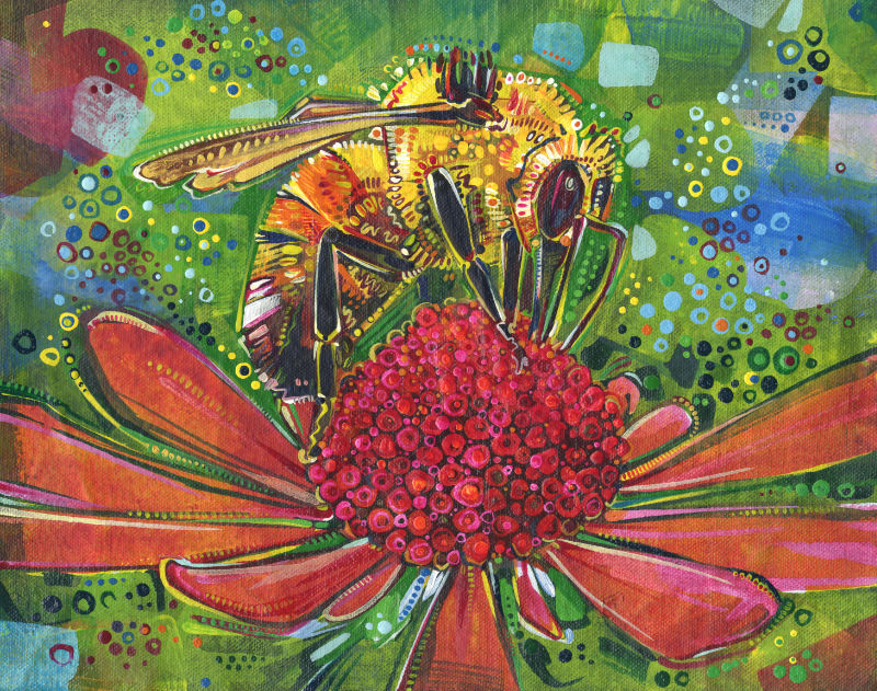 tri-colored bumble bee painting, insect illustration in acrylic on canvas by Gwenn Seemel