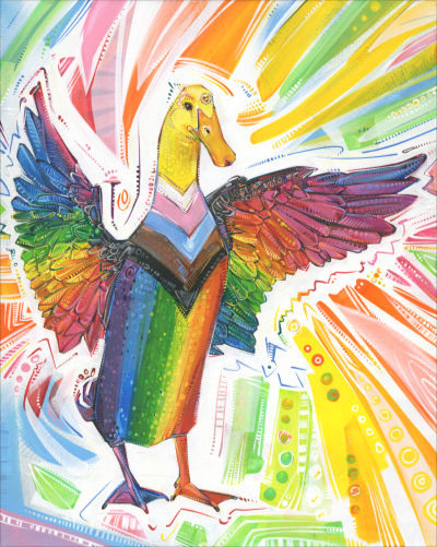 drapeau arc-en-ciel inclusif en forme de canard, illustration par Gwenn Seemel