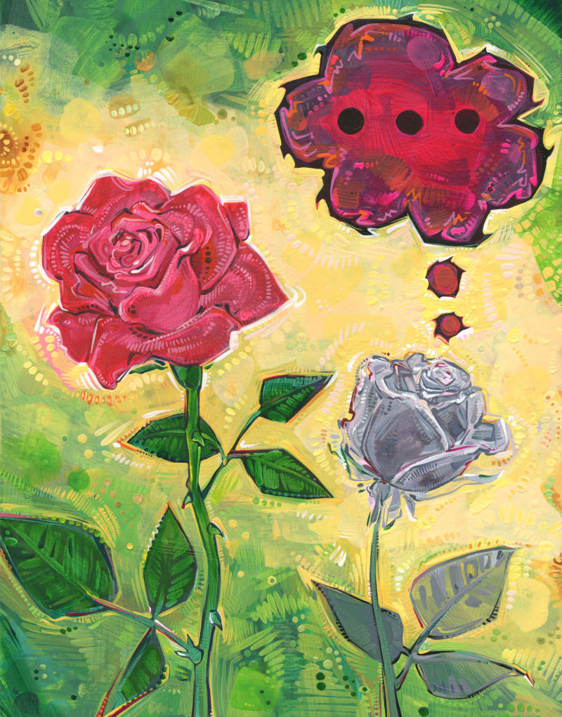 one thorny rose and one smooth-stemmed rose with a thorny thought bubble, surrealist art by Gwenn Seemel