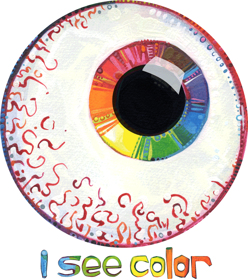 GIF de globe oculaire avec un iris arc-en-ciel, “je vois de les couleurs” animation de l’artiste antifasciste Gwenn Seemel