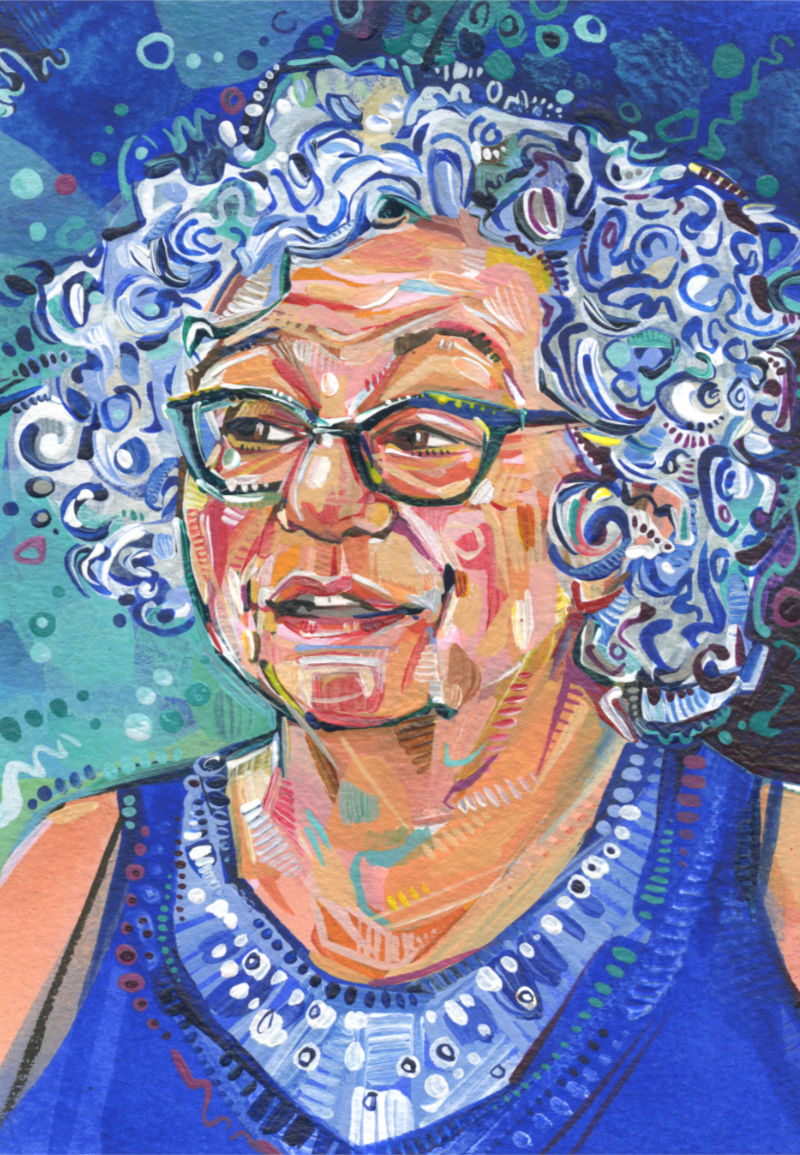 acrylic painting of a white woman with curly blue hair, created by Gwenn Seemel with dynamic brushstrokes