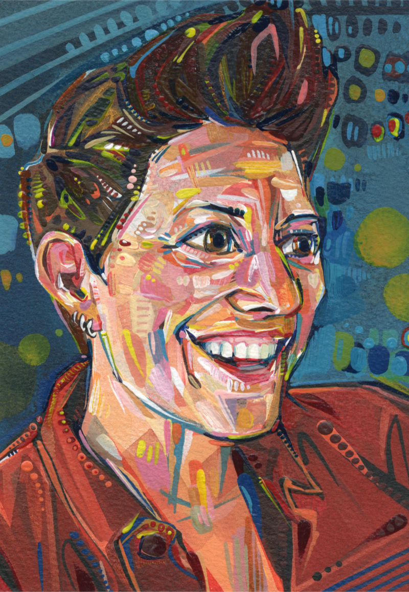 Carolyn Gadbois, proprietor of Union Coffee acrylic painted portrait, created by Lambertville artist Gwenn Seemel
