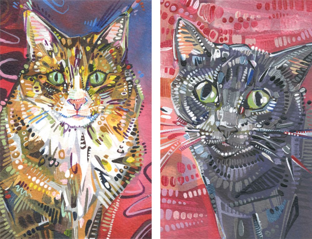 acrylic paintings of a Maine Coone cat and a grey cat, illustration by pet artist Gwenn Seemel