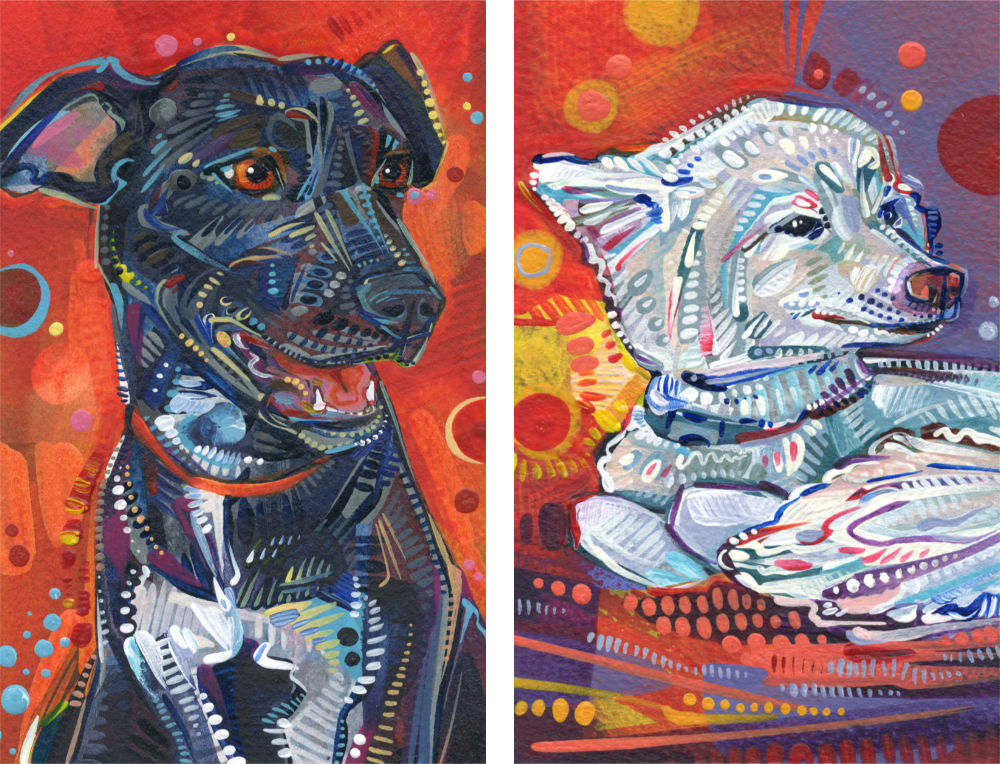 black dog and white fluffy dog acrylic paintings by pet artist Gwenn Seemel