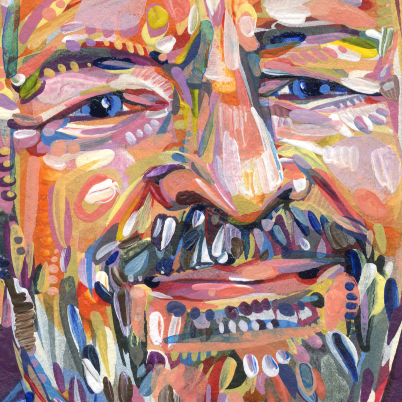 smiling white man, painted in acrylic on paper by Gwenn Seemel with dynamic brushstrokes