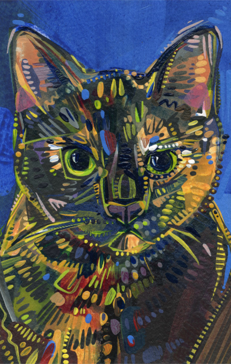 acrylic painting of a tortoiseshell cat, illustration by pet artist Gwenn Seemel