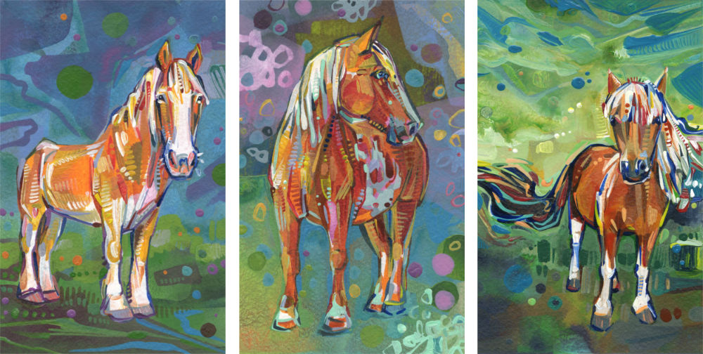 two Belgian workhorse paintings and a pony portrait, paintings by pet artist Gwenn Seemel