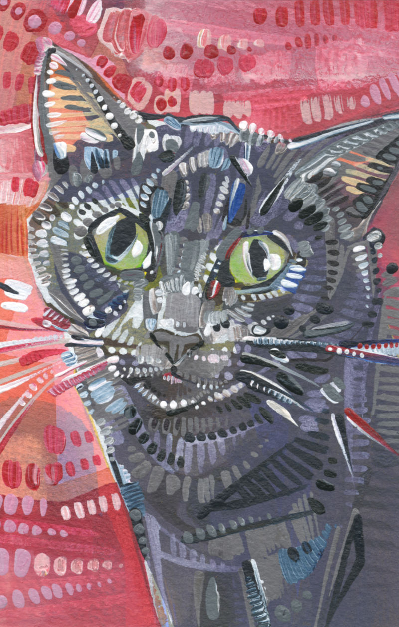 acrylic painting of a beautiful grey cat, illustration by pet artist Gwenn Seemel