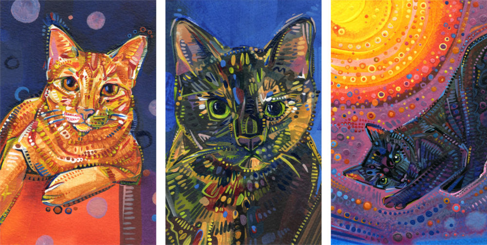 acrylic painting of a ginger cat, a tortoise shell one, and a black one, illustrations by pet artist Gwenn Seemel