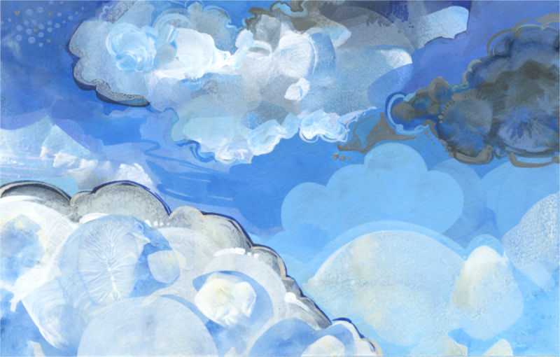 ciel peint à l’acrylique, des nuages de cumulus superposés magnifiquement