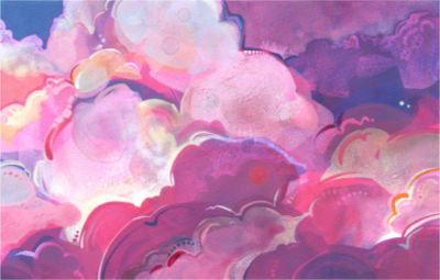 le ciel peint à l’acrylique, des nuages de cumulus roses superposés magnifiquement