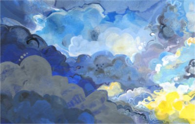 le ciel peint à l’acrylique, des nuages de cumulus et le soleil