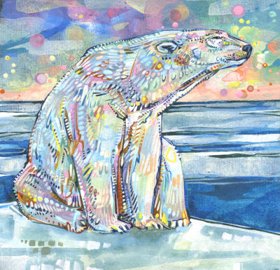 painting of a white bear sitting on an ice floe, polar bear artwork in acrylic on canvas