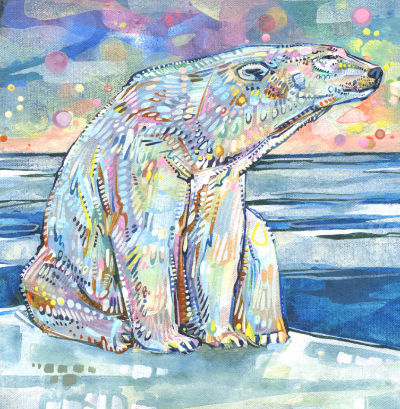 peinture d&rsquo;un ours blanc assis sur une banquise, oeuvre &agrave; l&rsquo;acrylique sur toile