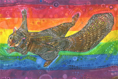 squirrel clinging to a rainbow painted by Lambertville artist Gwenn Seemel