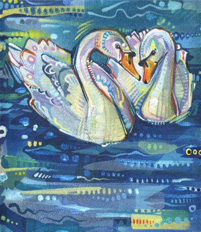 peinture d’une paire de cygnes blancs, illustration à l’acrylique par Gwenn Seemel