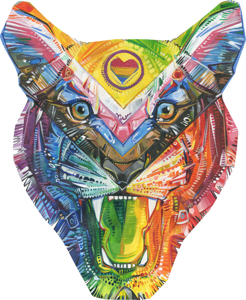 intersex inclusive progress pride flag tiger with pansexual flag heart, meme illustration by Gwenn Seemel