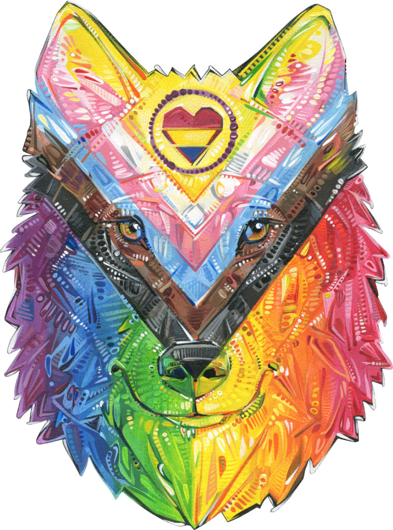 intersex inclusive progress pride flag wolf with pansexual flag heart, meme illustration by Gwenn Seemel