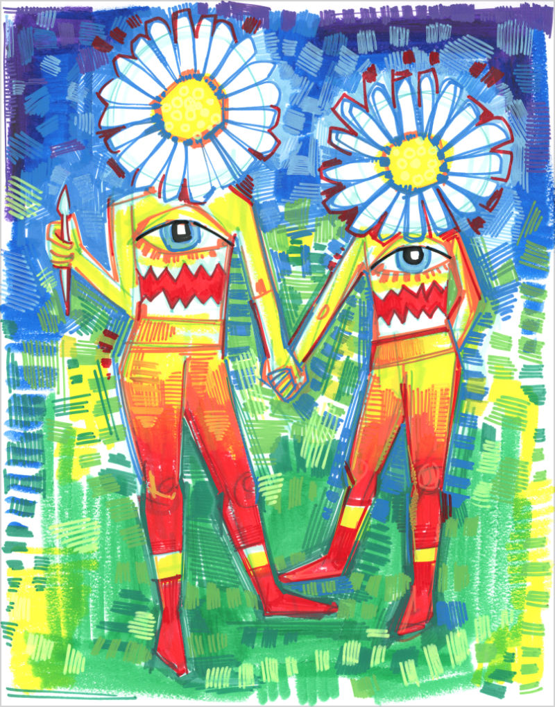 two figures with daisies for faces, eyes on their chests, and gaping mouthes for bellies