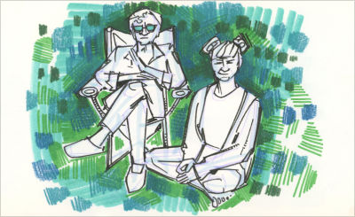 dessin en marqueurs sur papier de deux femmes, par Gwenn Seemel