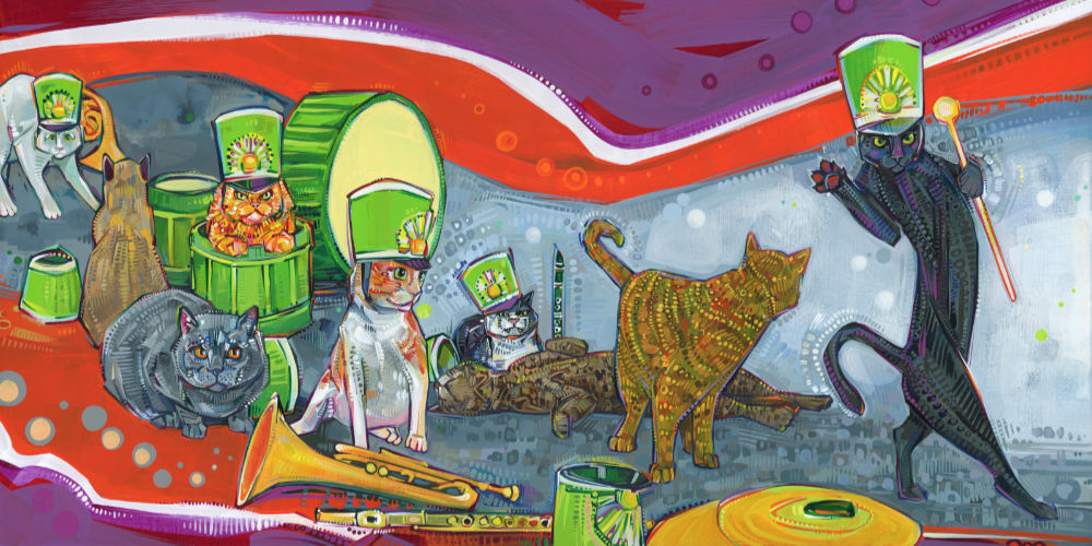 une fanfare composée de chats, mais seul le chef fait son boulot, peinture acrylique représentant le fonctionnement (ou non) d’un cerveau avec des problèmes de santé mentale