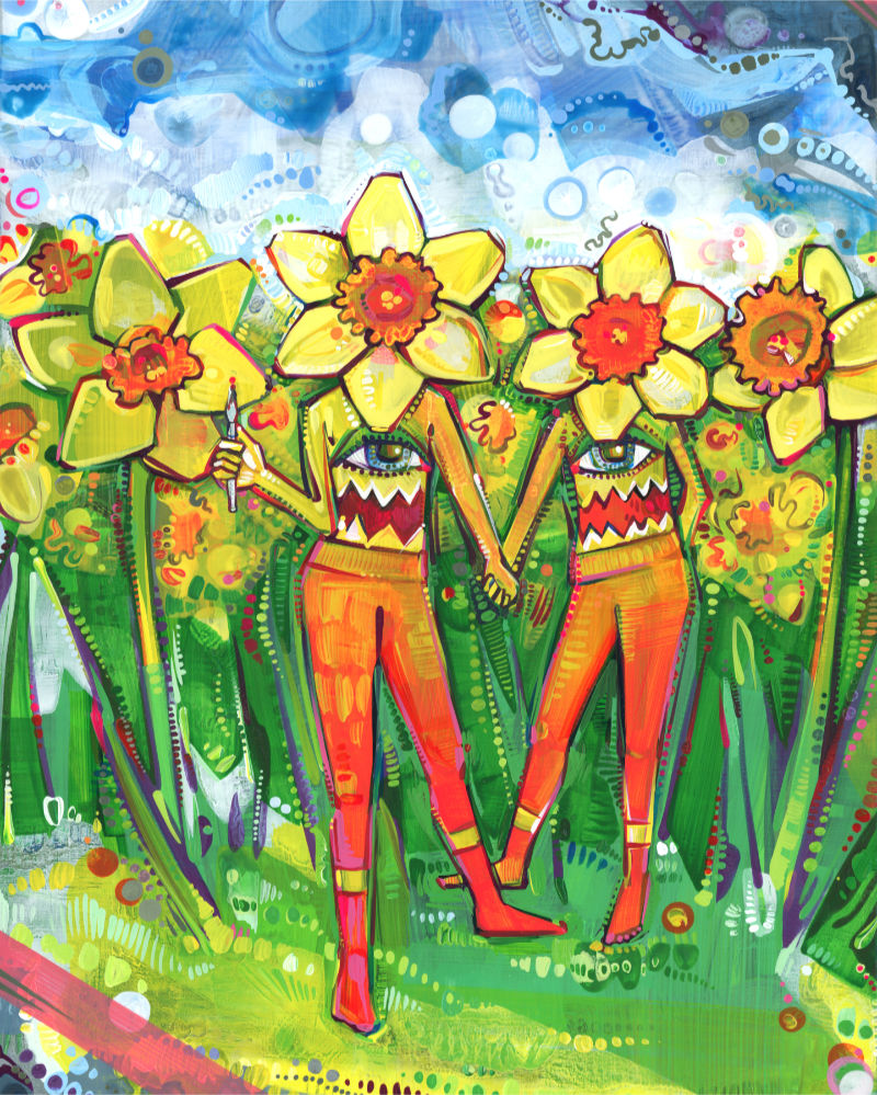 a field of daffodils, but two of the flowers are monstrous figures hiding amongst the blossoms