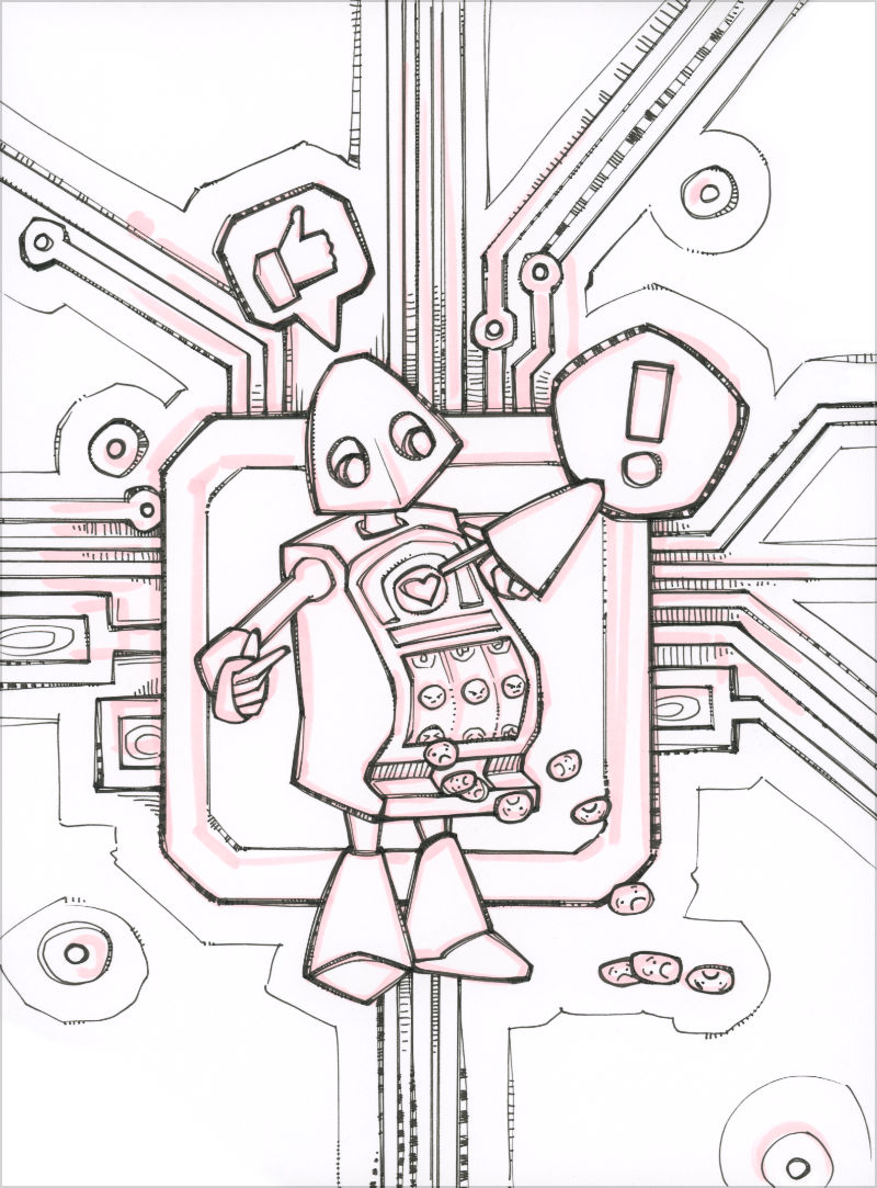 a surrealist line drawing of a slot machine robot with a heart for an activation button, reels that show angry face emojis, and coins that are sad face emojis spilling out