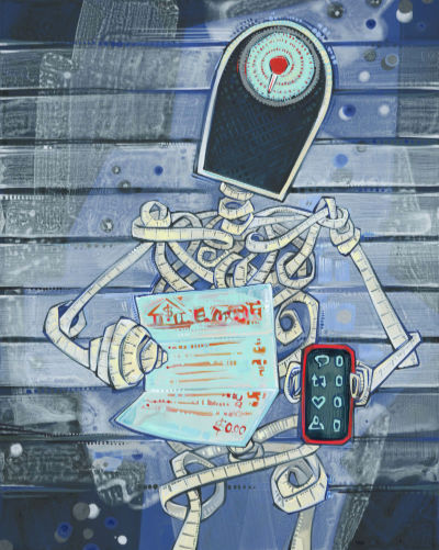 personnage composé d’un ruban à mesurer avec une balance pour un visage, tenant un relevé bancaire et un portable avec des zéros sur les réseaux sociaux