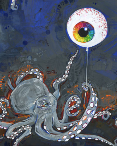 grey octopus, holding a rainbow eyeball balloon, surrealist art about mental health