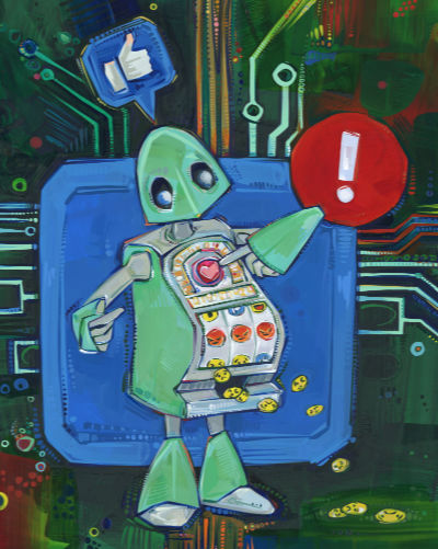 robot qui fait un commentaire sur les réseaux sociaux, art surréaliste à vendre